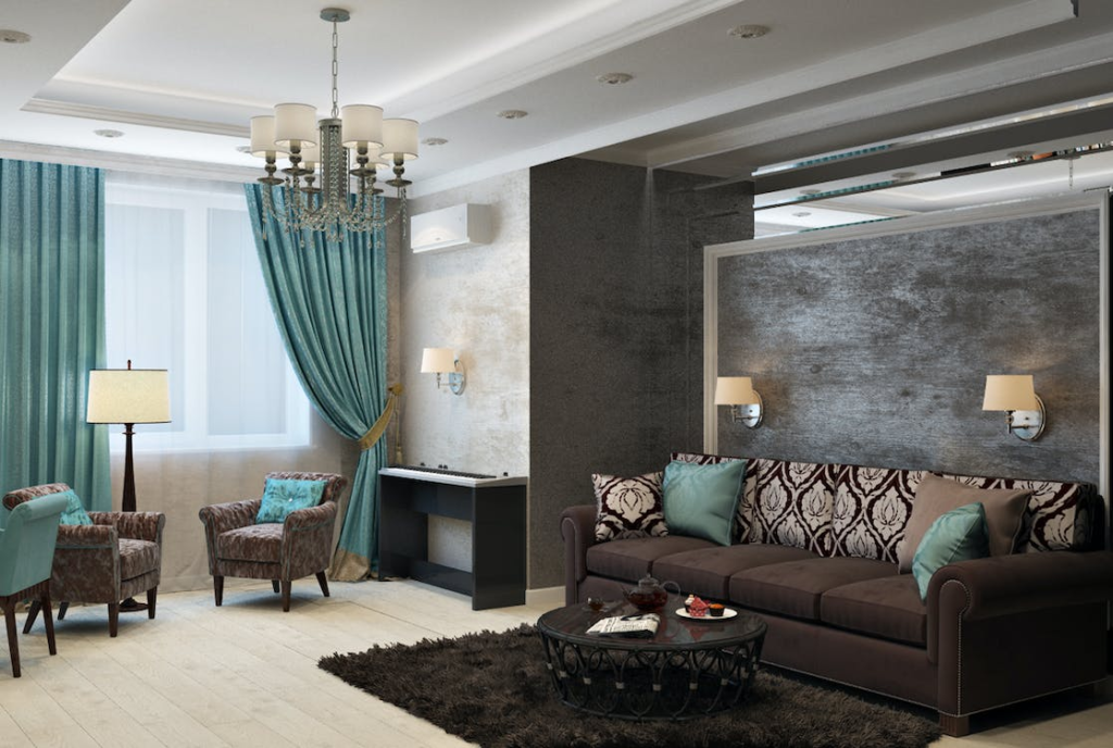 Brown and sea green-themed living room