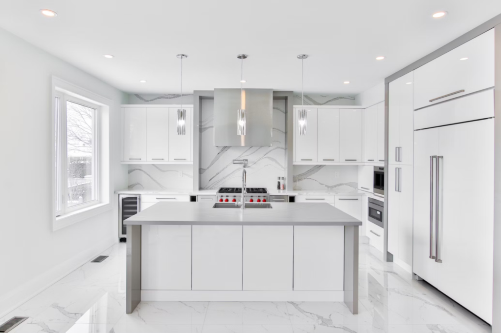 A kitchen renovated in neutral colors. 