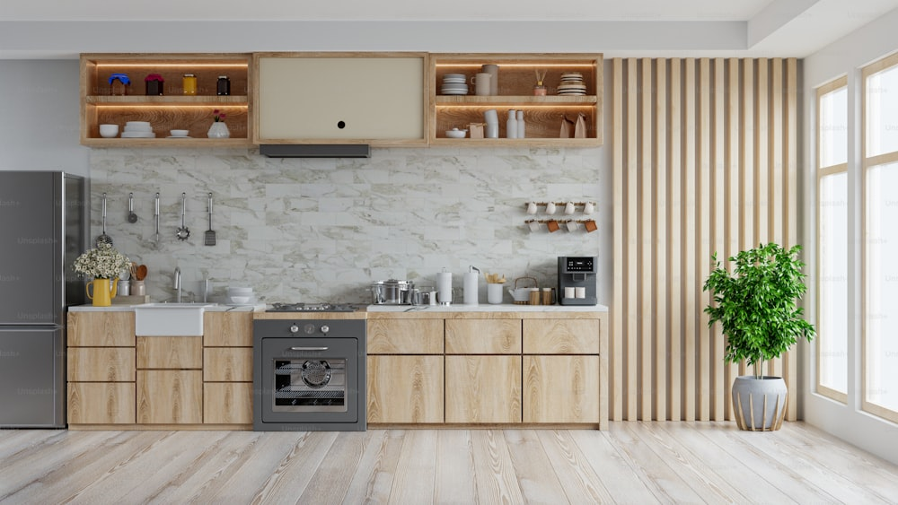 A kitchen with wooden cabinets